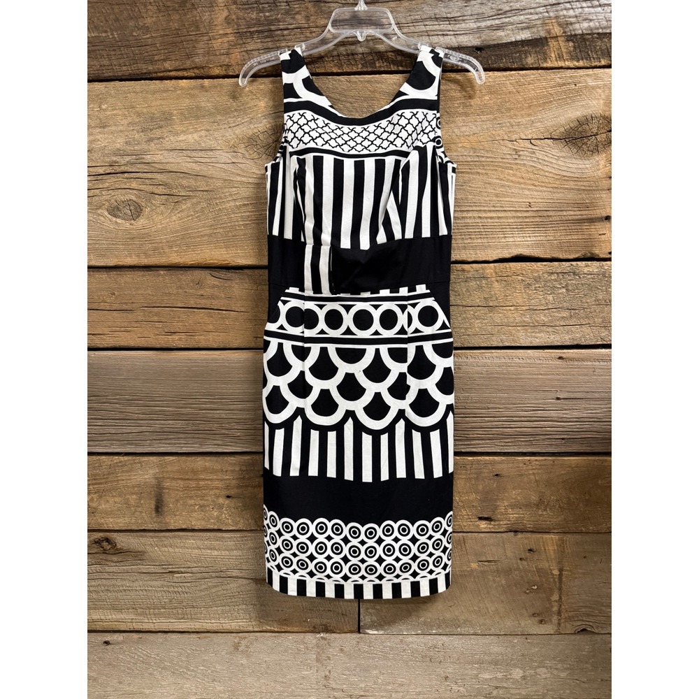 Etcetera Black White Geometric Print Sheath Dress Sleeveless Size 4 Pockets